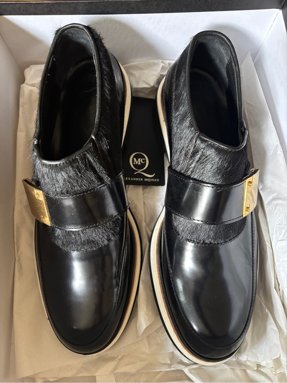 EU 37 Alexander McQueen black leather loafers w cow hair